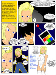 android_18 antenna black_hair blonde_hair breasts comic dialogue dragon_ball empty_eyes expressionless femsub hypnotic_accessory jimryu large_breasts maledom remote_control short_hair standing standing_at_attention tech_control text