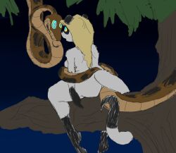 blonde_hair bottomless breasts coils dazed disney femsub furry hypnofur hypnotic_eyes kaa kaa_eyes maledom nude open_mouth raccoon_girl smile snake tail tail_holding the_jungle_book tongue tongue_out topless