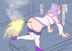  aaaa_mata absurdres all_fours anal ass aware bare_shoulders bottomless breasts femsub fireworks hair_band hair_buns high_heels hugtto!_precure humor improvised_dildo large_breasts looking_at_viewer looking_back no_panties precure purple_hair ruru_amour sex smile text translated undressing 