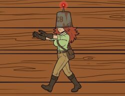   ai_art belt bucket_helmet clothed female_only femsub gloves glowing helmet hypnotic_clothing nomad_of_nowhere pants red_hair shirt skout solo spongebob_squarepants_(series) tech_control zombie_walk zupern0va_(manipper)