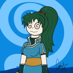 blue_background dress female_only femsub fingerless_gloves fire_emblem fire_emblem_the_blazing_blade gloves green_hair happy_trance long_hair lyndis nintendo ponytail short_hair shyker skirt solo soropin spiral_background spiralwash_eyes