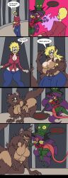 absurdres beard blonde_hair breasts chin_hold cleavage comic corruption demon_girl femdom furry glasses hair_growth happy_trance hat horns large_breasts long_hair lordebonfuze magic malesub monster_girl multiple_breasts open_mouth original purple_hair red_skin text thighhighs tongue tongue_out topless transformation transgender werewolf_girl