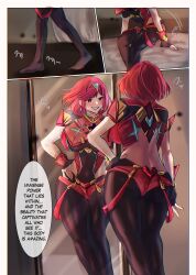  androgynous_dom ass blush breasts comic dialogue earrings english_text femsub fingerless_gloves from_behind gloves hair_ornament hyoui_lover large_breasts mirror nintendo pantyhose possession pyra_(xenoblade) red_eyes red_hair reflection short_hair smile standing tagme text tight_clothing xenoblade_chronicles xenoblade_chronicles_2 