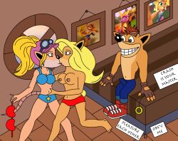  bandicoot_girl blonde_hair bottomless bra breasts bulge crash_bandicoot crash_bandicoot_(series) empty_eyes femsub furry kissing large_breasts liquidphazon maledom multiple_girls multiple_subs nude open_mouth pasadena_opossum standing sub_on_sub tawna_bandicoot text topless underwear undressing very_long_hair 