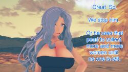 aware blue_eyes blue_hair breasts clothed dialogue dress english_text female_only karen_(pokemon) mustardsauce pokemon pokemon_(anime) solo text