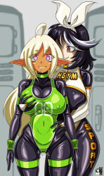 blonde_hair drool elf_ears femsub happy_trance heart heart_eyes latex long_hair multicolored_hair multiple_girls orange_eyes original rosvo standing standing_at_attention