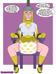 34qucker age_regression blonde_hair brain_drain breasts chair dialogue diaper helmet lipstick long_hair original skirt super_hero text