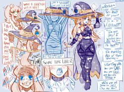 absurdres alternate_costume aware blue_eyes body_control bondage clothed crossdressing english_text eye_color_change fanterfane fayne_(fanterfane) femdom feminization freckles green_eyes hat heart lipstick living_costume long_hair makeup malesub midriff mummification nail_polish navel original possession restrained sequence sparkle speech_bubble symbol text witch witch_hat