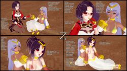  3d before_and_after bikini cleavage clothed collar collarbone comic crown earrings english_text eyeshadow female_only femdom femsub harem harem_outfit instant_loss kneeling lipstick long_hair midriff navel pants ponytail prostitution shoes short_hair sideboob smoke smoking spiral_eyes text wfay42 