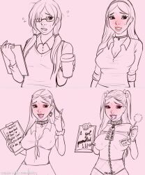 before_and_after bimbofication choker collar happy_trance monochrome office_lady scabslut smile text transformation