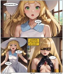ai_art blonde_hair devianbar dialogue femsub latex lillie_(pokemon) long_hair lusamine nintendo pokemon team_hypno tech_control text visor wicke