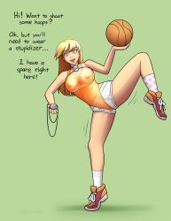  basketball blonde_hair bodysuit brain_drain breasts briefs dialogue female_only femsub happy_trance humiliation hypnotic_accessory large_breasts latex leotard long_hair original see-through simple_background sleepymaid sneakers socks solo spread_legs symbol_in_eyes tech_control text 