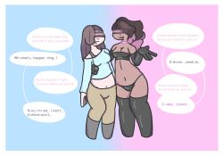  bangs bare_shoulders before_and_after blue_background boots border bra brown_hair choker cleavage clothed dark_skin drone dronification female_only femdom femsub gloves h-481_(lunarlillie) happy_trance hypnotized_dom hypnotized_hypnotist latex long_hair lunarlillie midriff multicolored_hair multiple_girls multiple_subs navel opera_gloves original panties pants pink_background pink_hair simple_background smile standing tank_top tech_control text thigh_boots thigh_gap vee_(lunarlillie) visor 