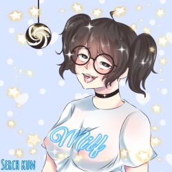 breasts brown_eyes brown_hair choker drool glasses happy_trance large_breasts milf-chan original pendulum serchkun solo spiral spiral_eyes symbol_in_eyes text tongue tongue_out twintails