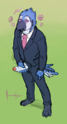 beak bird_boy dazed erection furry male_only malesub masturbation meesh non-human_feet open_clothes open_mouth penis ring_eyes simple_background sketch solo spiral standing suit tie