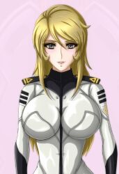  alternate_costume alternate_hairstyle animated animated_gif before_and_after blonde_hair bodysuit boots breasts crossed_legs evil_smile eyeshadow femdom grey_eyes kiryu large_breasts lipstick long_hair looking_at_viewer nail_polish pink_lipstick sitting smile space_battleship_yamato space_battleship_yamato_2199 yuki_mori 