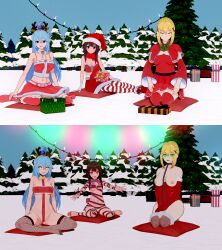  3d aqua_(konosuba) before_and_after blonde_hair blue_hair brown_hair christmas collar darkness_(konosuba) djiwedmewj empty_eyes femsub happy_trance kono_subarashii_sekai_ni_shukufuku_wo! long_hair megumin_(konosuba) ribbon short_hair 