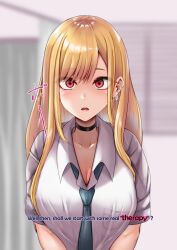  amagiri_miki blonde_hair blush breasts choker cleavage collarbone drool earrings empty_eyes expressionless femsub hard_translated large_breasts long_hair maledom marin_kitagawa my_dress-up_darling open_mouth red_eyes school_uniform text tie tongue translated 
