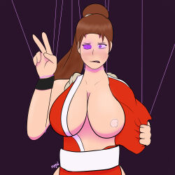  bracelet breasts breasts_outside brown_hair female_only femsub king_of_fighters large_breasts long_hair m00n_key mai_shiranui nipples one_breast_out open_mouth ponytail puppet purple_eyes resisting signature simple_background solo spiralwash_eyes symbol_in_eyes undressing v 