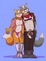 balls blue_background boots corruption crotch_cutout delirost evil_smile eyepatch fingerless_gloves fox_boy fox_mccloud furry gloves harness jacket kaa_eyes male_only maledom malesub pants penis smile smirk star_fox thong wedding_ring wolf_boy wolf_o&#039;donnell yaoi