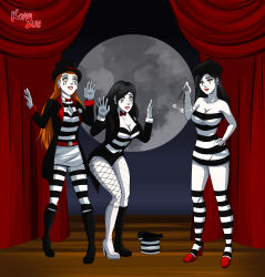  absurdres alternate_costume black_hair boots bow_tie breasts cleavage cleavage_cutout coat collar collarbone corset cuffs dc_comics dress earrings face_paint female_only femdom femsub fishnets gloves hand_on_hip hat high_heels koari_zue leaning_forward lipstick makeup mime mimestress_(sumdudehere) navel orange_hair original red_lipstick sam skirt smile standing thighhighs top_hat totally_spies watermark white_skin zatanna_zatara 