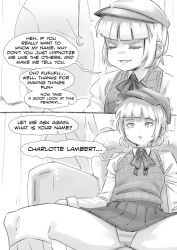 before_and_after dialogue femsub gmun hat monochrome panties short_hair skirt stage_hypnosis tagme text