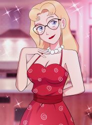  arms_behind_back aurora_(jabberwocky) blonde_hair blue_eyes blush cleavage clothed collarbone dress female_only femsub glasses jewelry lipstick long_hair necklace original polmanning red_lipstick smile solo standing stepfordization 