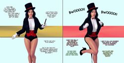  3d before_and_after black_hair chicken_pose dc_comics femsub fishnets high_heels legs op-tron pantyhose pet_play shorts text turning_the_tables western zatanna_zatara 