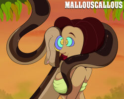  breast_fondling breast_grab breasts brown_hair dark_skin disney groping hypnotic_eyes kaa kaa_eyes lipstick mallouscallous outdoors snake the_jungle_book the_proud_family trudy_proud tube_top 