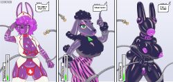  absurdres black_hair breasts bulge bunny_boy clothed clothed_exposure comic dialogue english_text furry green_eyes malesub mechanical_arm metiore nipples nurse original pink_eyes pink_hair pink_lipstick puckered_lips sheep_girl short_hair speech_bubble tech_control text thong 