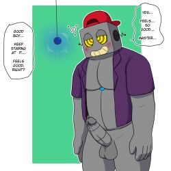  blush bottomless crystal dialogue erection exposed_chest good_sub_conditioning happy_trance hat hypno_neet male_only malesub open_shirt original pendulum penis ring_eyes robot robot_boy smile standing text 