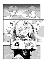 breasts comic empty_eyes english_text femsub fujihan furoufushi_shoujo_no_naedoko_ryokouki happy_trance hypnotic_smell large_breasts long_hair monochrome mushroom navel nipples nude official open_mouth pandora_(furoufushi) plute_(furoufushi) short_hair smile