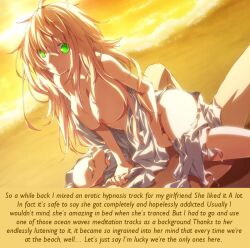 beach blonde_hair breasts busshock_(manipper) caption empty_eyes expressionless femsub g_yuusuke green_eyes large_breasts maledom manip marie_(dies_irae) sex text torn_clothes
