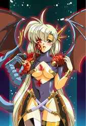 aura blonde_hair blood blush breasts claws cleavage corruption eye_color_change femsub happy_trance heterochromia hisho langrisser liana_(langrisser) looking_at_viewer navel open_mouth tail thighs very_long_hair wings yellow_eyes