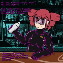  aware bodysuit bottle drill_hair drone empty_eyes eyebrows_visible_through_hair female_only femsub glowing happy_trance id_card long_hair red_eyes red_hair self_hypnosis smile solo spiral table tech_control teto_kasane text tight_clothing trance_delightful visor vocaloid 