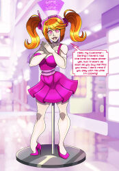  absurdres antenna bare_legs breasts cleavage clothed collarbone dialogue dress femsub glowing_eyes high_heels long_hair looking_at_viewer one_bar_prison orange_hair original pink_eyes posed smile sonia_the_sexbot_(thf772) speech_bubble standing stepfordization tagme tattoo text twintails zorro-zero 