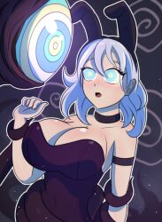  arm_bands blush bunny_ears bunnysuit character_request choker cleavage clothed collarbone copyright_request fake_animal_ears femsub glowing hypnoskeleton hypnotic_tentacle kaa_eyes large_breasts open_mouth restrained short_hair simple_background spiral tentacles white_hair 
