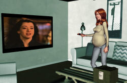 alyson_hannigan black_sclera buffy_the_vampire_slayer cameltoe erect_nipples female_only green_eyes matam&#039;s_fetishes pregnant red_hair remote_control see-through smile solo text umbrafox western willow_rosenberg