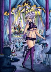 absurdres breast_grab breasts brielle_mirabelle faceless forced_employee grey_hair groping happy_trance justsketchingviolets original pole_dancing ponytail short_shorts thigh_boots underboob white_eyes