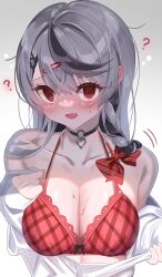  bare_shoulders black_hair blush bow bra braid breasts chloe_sakamata choker cleavage collarbone confused fangs female_only femsub grey_hair hair_clips hair_ornament heart hololive jewelry large_breasts long_hair looking_at_viewer madai_(mappy) multicolored_hair open_clothes open_mouth open_shirt red_eyes school_uniform shirt shirt_pull simple_background solo spiral_eyes sweat symbol_in_eyes underwear undressing virtual_youtuber 