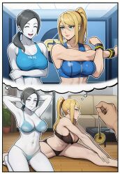 abs absurdres ai_art altered_perception arms_above_head bare_shoulders blonde_hair blue_eyes bra breasts cleavage comic couch crossover empty_eyes english_text exercise expressionless femsub grey_eyes grey_hair gym happy_trance hellsing002_(generator) kneeling lingerie maledom metroid_(series) midriff muscle_girl navel nintendo panties pendulum plant ponytail samus_aran smile sports_bra spread_legs thong thought_bubble white_skin wii_fit wii_fit_trainer