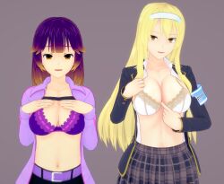  3d arm_bands belt blonde_hair bra breasts brown_eyes cleavage clothed_exposure collarbone elizabeth_(thehguy) ember_(thehguy) empty_eyes female_only femsub happy_trance headband koikatsu! large_breasts lingerie long_hair midriff multicolored_hair multiple_girls multiple_subs navel open_clothes open_mouth open_shirt original simple_background skirt smile thehguy 