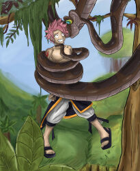  bondage coils disney fairy_tail hanging_down hypnotic_eyes jdashe kaa kaa_eyes male_only maledom malesub muscle_boy natsu_dragneel pink_hair snake the_jungle_book topless 