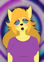 absurdres blonde_hair blueconn clothed collarbone dazed dog_girl drool expressionless eyebrows_visible_through_hair eyeshadow female_only femsub furry heavy_eyelids kaa_eyes open_mouth shirt signature solo spiral_background tagme