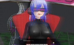  3d blue_hair blush bodysuit chair corruption custom_maid_3d_2 dazed dialogue erect_nipples erect_nipples_under_clothes female_only femsub headphones japanese_text open_mouth restrained short_hair sitting solo swallow774 tech_control text visor 