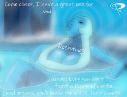 alien alien_girl bath bathing blue_diamond blue_skin breasts chillguydraws female_only femdom giantess hypnotic_eyes large_breasts long_hair manip pov pov_sub size_difference steam steven_universe sweat text topless white_hair