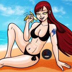  banana breasts erza_scarlet fairy_tail female_only femsub happy_trance large_breasts long_hair open_mouth ordeper_arts original red_hair ring_eyes sexually_suggestive simulated_handjob smile 