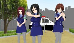 3d 3d_custom_girl black_hair brown_hair clothed female_only gun multiple_girls original pantyhose police_uniform red_hair