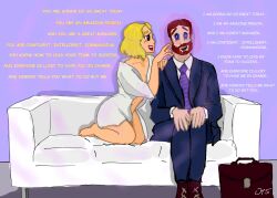  bare_legs barefoot beard black_eyes blonde_hair blue_eyes bottomless caption character_request clothed coat consensual dialogue english_text femdom malesub obeyyoursweetheart open_shirt original suit suitcase text thighs tie topless wholesome 