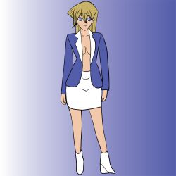 alexis_rhodes bare_legs boots business_suit cleavage clothed_exposure collarbone corporatification empty_eyes exposed_chest female_only femsub gradient_background high_heels simple_background skirt smile solo succubae suit yu-gi-oh! yu-gi-oh!_gx